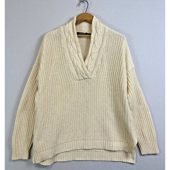 LRL Ralph Lauren Womens Cable Knit Fisherman Sweater Size Large Cream Cotton - Picture 1 of 9